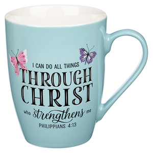 Through Christ Blue Butterfly Ceramic Coffee Mug – Philippians 4:13