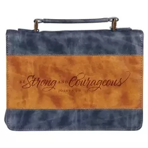 Large Bible Cover Classic Navy/Brown Strong & Courageous Josh. 1:9