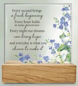 Fresh Beginning Glass Plaque with Wood Base