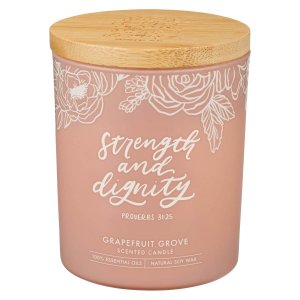 Glass Candle w/Bamboo Lid Pink Strength & Dignity Prov. 31:25