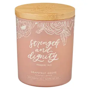 Glass Candle w/Bamboo Lid Pink Strength & Dignity Prov. 31:25