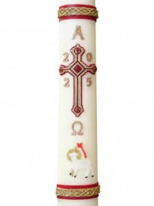 30" x 2" Paschal Candle with Alpha/Omega Lamb of God with Two Bands Wax Relief