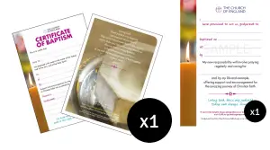 20 Holy Baptism Certificate & 50 Godparent Keepsake Card (Church of England)