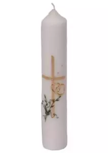 10 1/2" x 2" Wedding Candle With Gold Cross & Rings (5550)