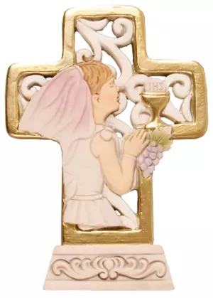 Resin Communion 4 inch Cross for Girls with Gold Highlights