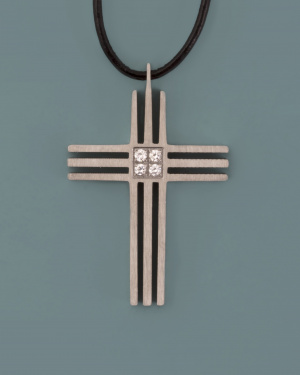 Grooved Cross & CZ Pendant on Leather Cord