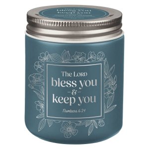 Glass Candle w/Screw Top Lid Blue Bless You and Keep You Num. 6:24
