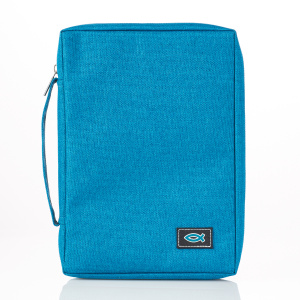 Large Teal Canvas Bible Cover with Jesus Fish Symbol Applique, Zippered w/Handle