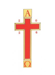 2026 Paschal Transfer: Alpha & Omega with Red Cross/Gold Edging with date - Single