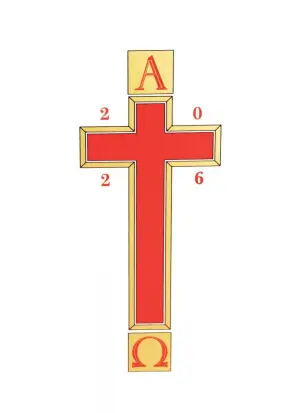 2026 Paschal Transfer: Alpha & Omega with Red Cross/Gold Edging with date - Single