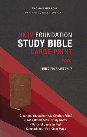 NKJV, Foundation Study Bible, Large Print, Leathersoft, Brown, Red Letter, Thumb Indexed, Comfort Print