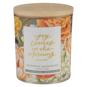 Glass Candle w/Bamboo Lid  Floral Joy Comes in the Morning Ps. 30:5