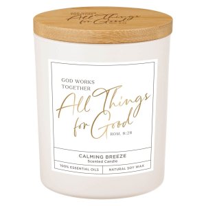 Glass Candle w/Bamboo Lid White God Works Rom. 8:28