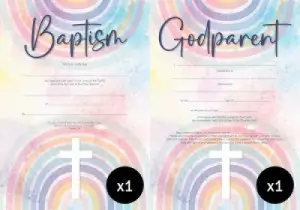 10 x Baptism & 10 x Godparent Certificates - Cross with Rainbow (Child)