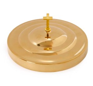 Brass Finish Communion Bread Plate Cover With Elegant Cross Topper - 6 5/8" x 3/4"