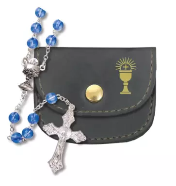 Blue Communion Glass Rosary In Purse