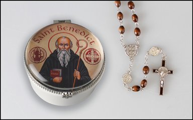 Saint Benedict Wood Rosary with Porcelain Box