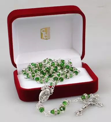 Glass Rosary/Green with Crystal Ring