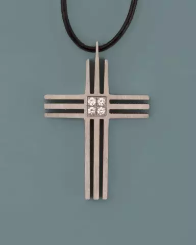 Grooved Cross & CZ Pendant on Leather Cord