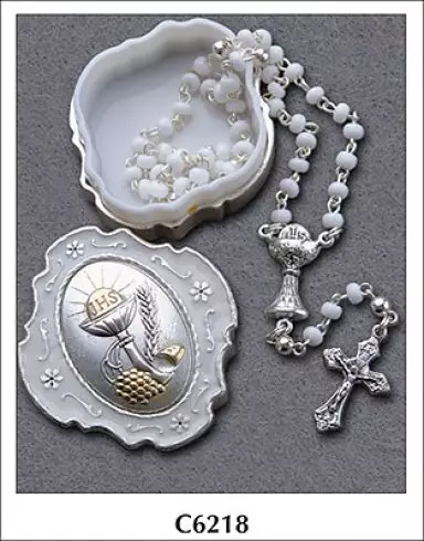 Communion Glass Rosary With Metal Box