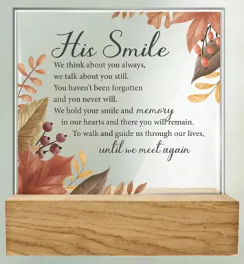 His Smile Glass Plaque with Wood Base