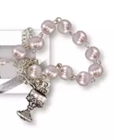 Communion Glass Rosary Bracelet/Pink