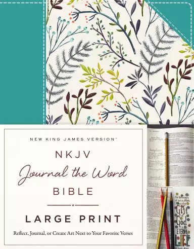 NKJV, Journal the Word Bible, Large Print, Hardcover, Blue Floral Cloth, Red Letter Edition