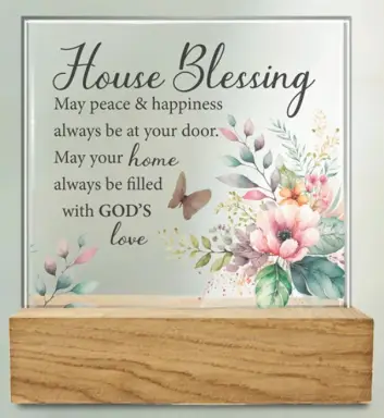 House Blessing Glass Plaque with Wood Base