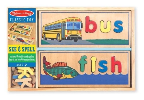 See & Spell Wooden Educational Toy With 8 Double-Sided Spelling Boards and 64 Letters