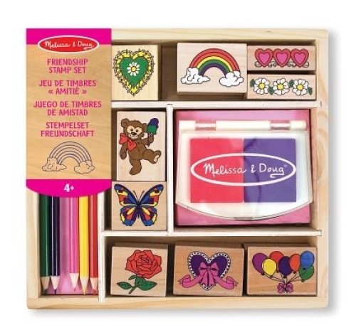 Wooden Stamp Set: Friendship - 9 Stamps, 5 coloured Pencils, and 2-colour Stamp Pad