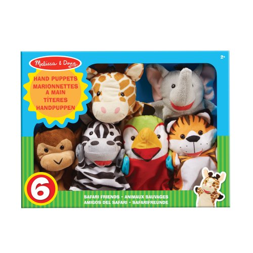Safari Buddies Hand Puppets, Set of 6 (Elephant, Tiger, Parrot, Giraffe, Monkey, Zebra)