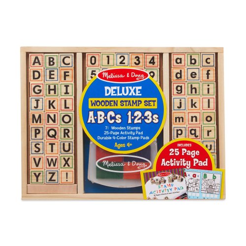 Deluxe Letters and Numbers Wooden Stamp Set ABCs 123s With Activity Book, 4-colour Stamp Pad