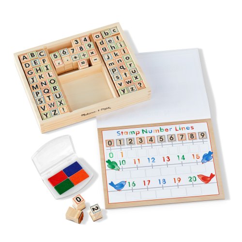 Deluxe Letters and Numbers Wooden Stamp Set ABCs 123s With Activity Book, 4-colour Stamp Pad