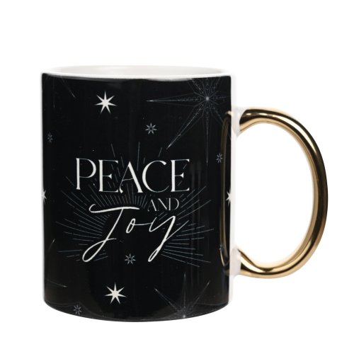 White Ceramic Mug With Gold Handle - Peace & Joy