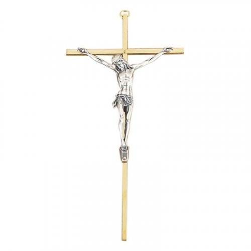 Wall Cross-Crucifix-Gold Plated Brass w/Pewter (10")