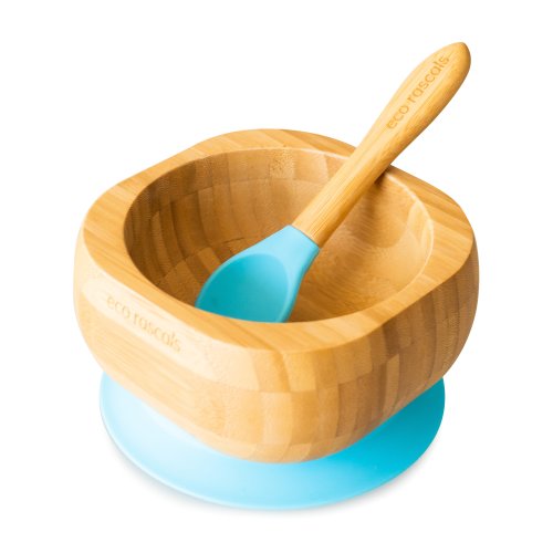 Bamboo baby suction bowl and spoon set - Blue