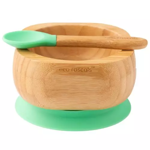 Bamboo baby suction bowl and spoon set -  Green