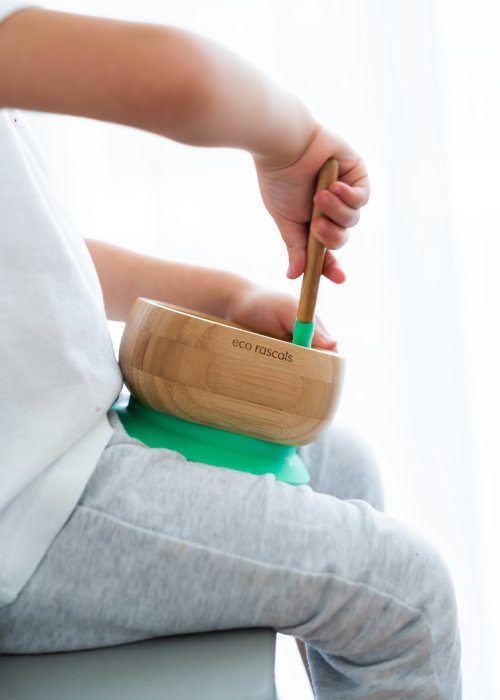 Bamboo baby suction bowl and spoon set -  Green
