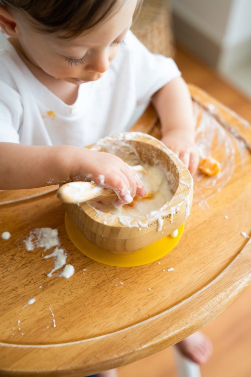 Bamboo baby suction bowl and spoon set -  Yellow