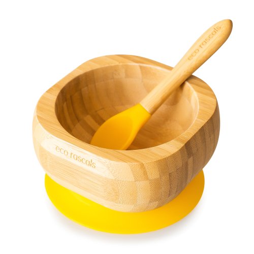 Bamboo baby suction bowl and spoon set -  Yellow