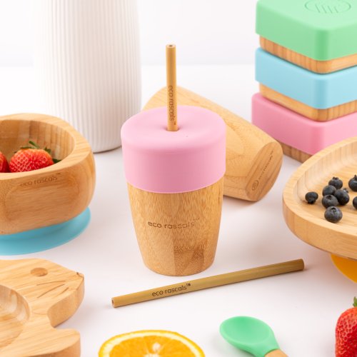 Bamboo Cup with Two Straws - Pink