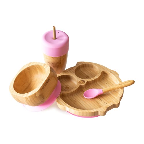 Bamboo Owl Plate Weaning Gift Set - Pink