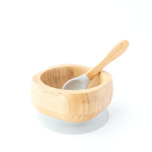 Bamboo baby suction bowl and spoon set -  Grey