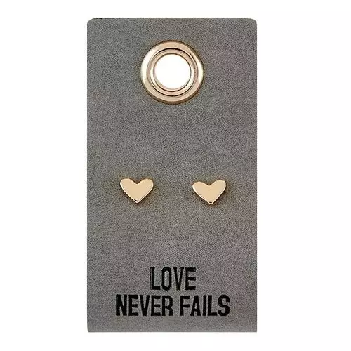 Earrings-Love Never Fails/Heart Studs On Leather Tag