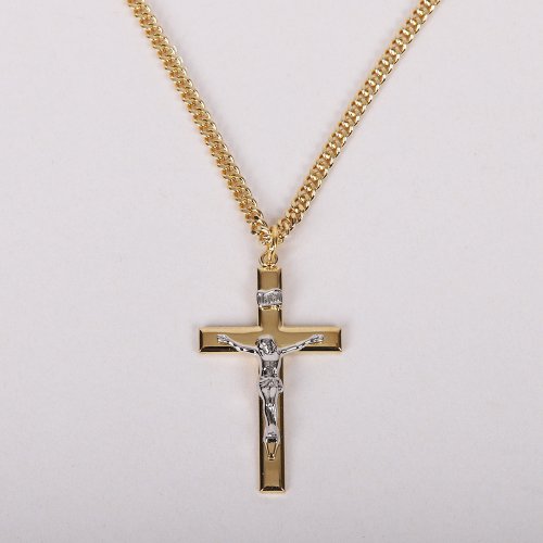 24" Gold Cross with Silver Christ Crucifix Necklace with Inscription