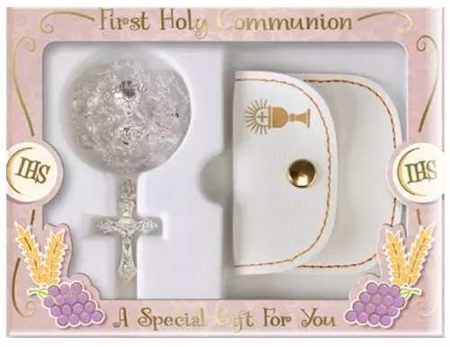 Crystal Communion Glass Rosary with Purse