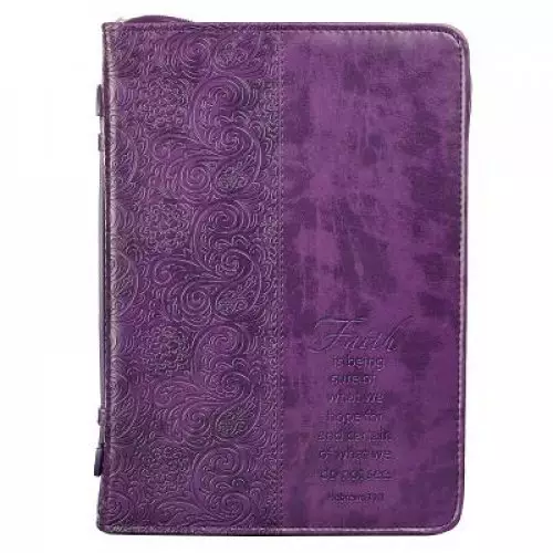 XL Purple Paisley Faux Leather Faith Zippered Bible Cover w/Handle -Hebrews 11:1