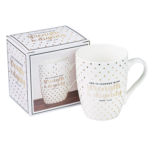 Mug White with Gold Polka Dots Strength & Dignity