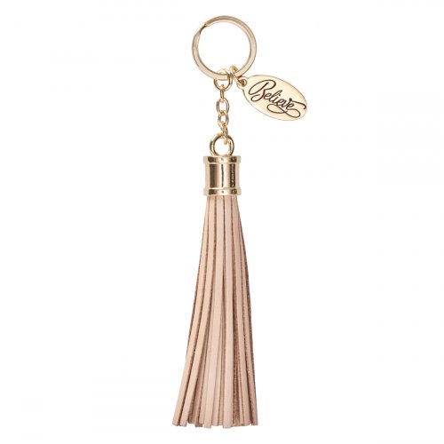 Believe Leather Tassel Charm Keychain Keyring for Women's Handbag Purse Keys Wallet Accessories in Neutral Beige