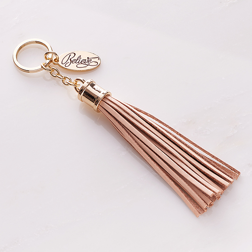 Believe Leather Tassel Charm Keychain Keyring for Women's Handbag Purse Keys Wallet Accessories in Neutral Beige